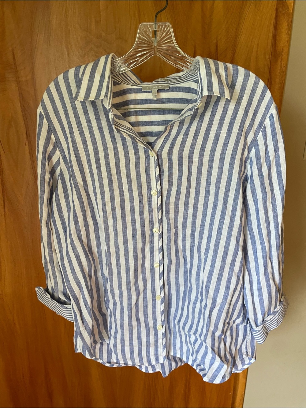 100% Linen Blue Stripe Button-Down Shirt